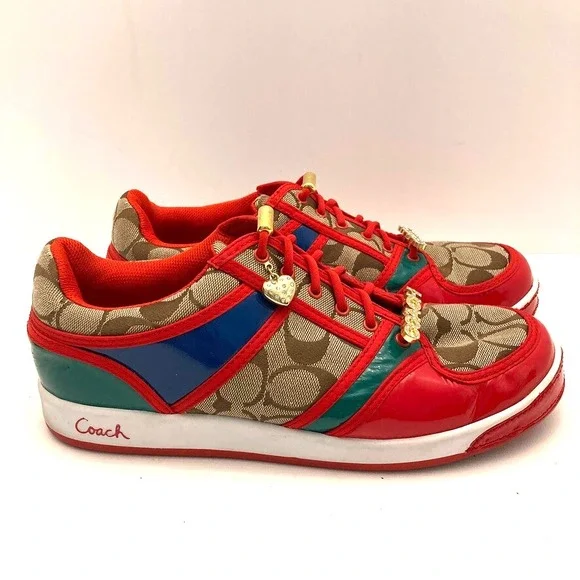 VTG Coach Women's Sneakers Oriana Size 9.5 Rhinestones Charms Logo Red Khaki Y2K - Picture 3 of 14